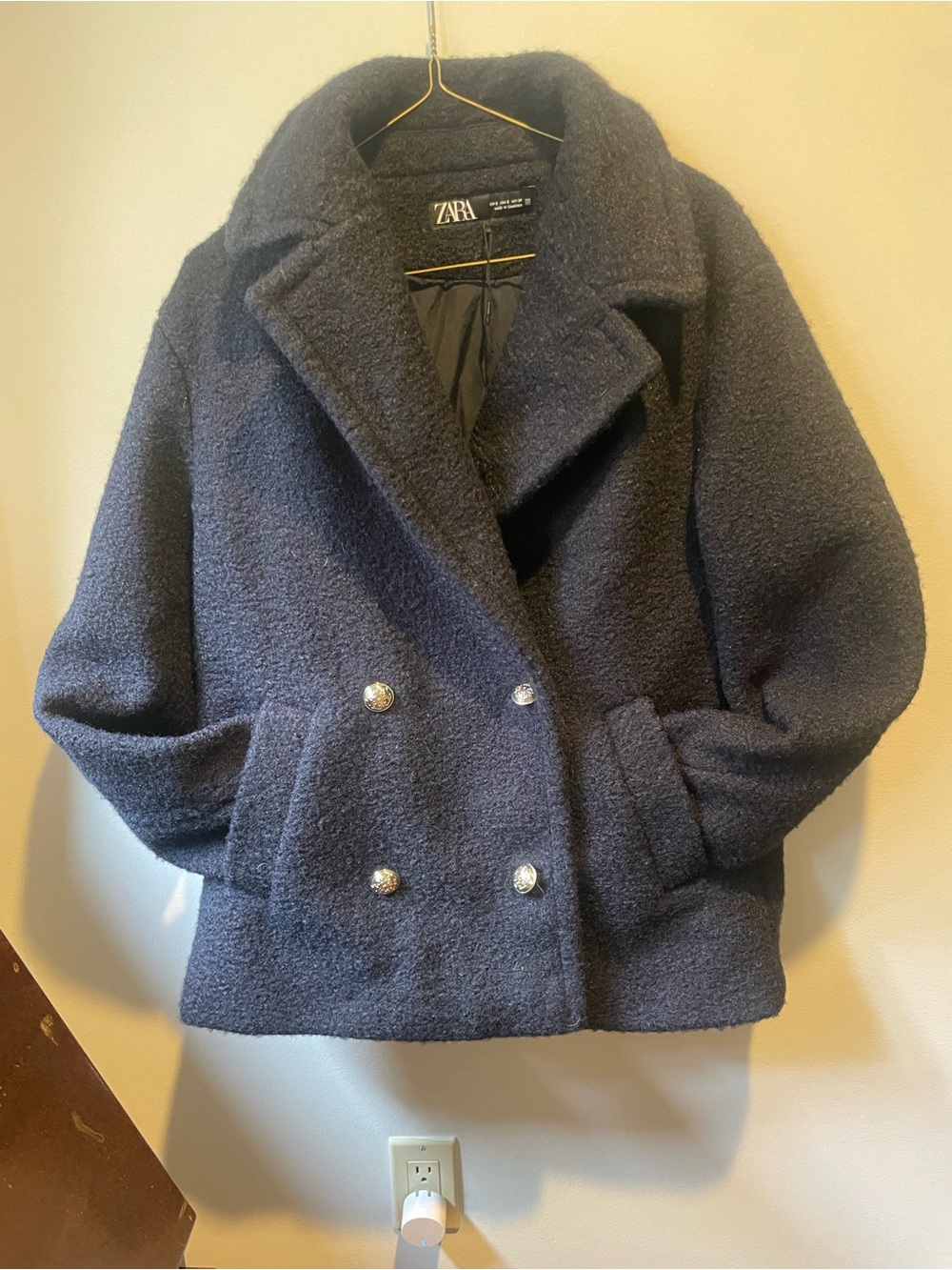 ZARA Dark Navy Bouclé Double-Breasted Pea Coat